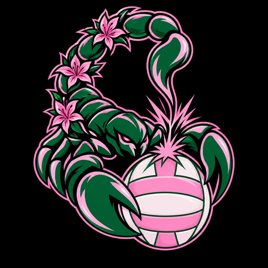 Desert Sting logo: a green scorpion with pink flowers on its tail, gripping a pink and white volleyball